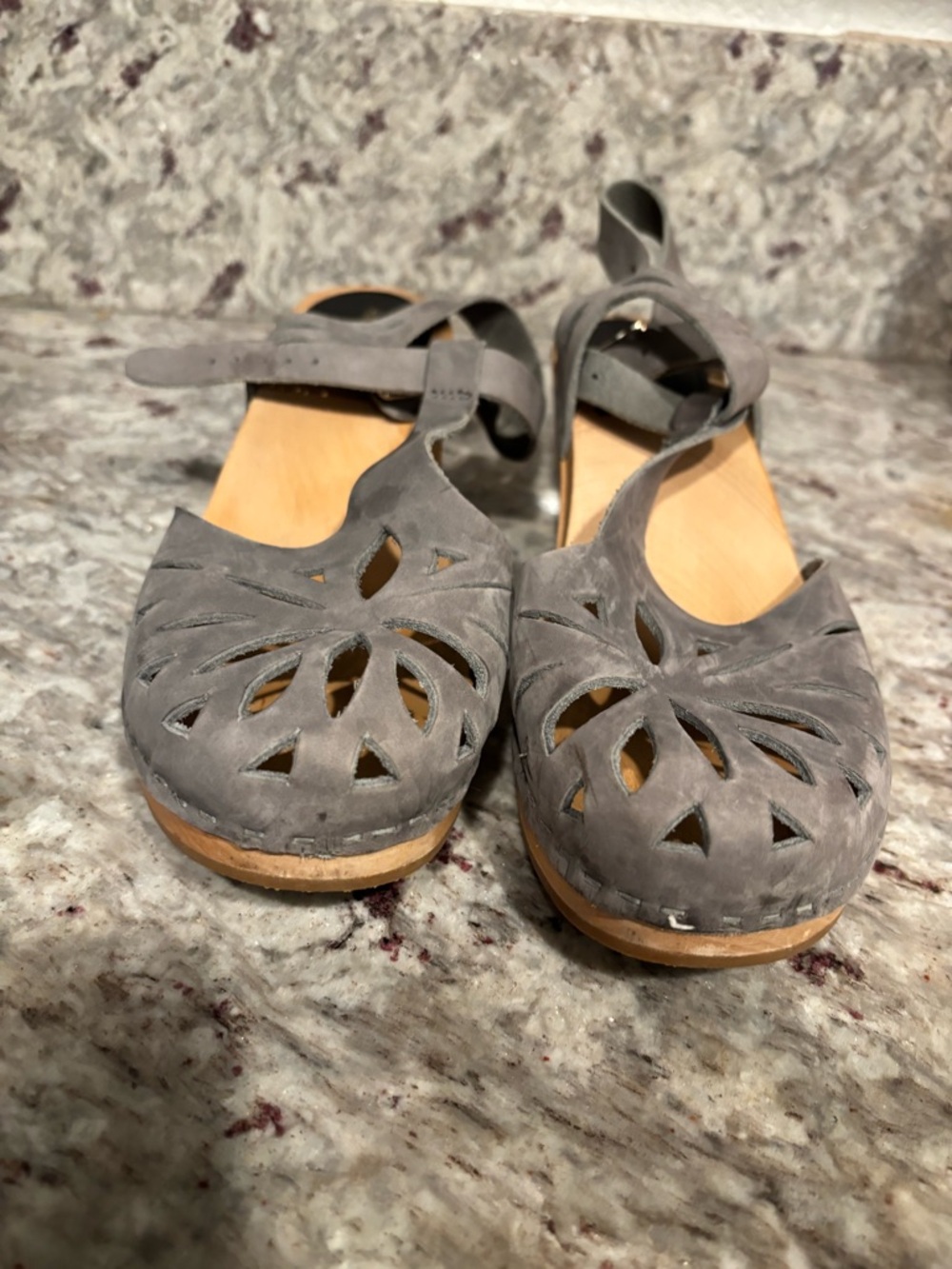 Swedish Hasbeens Grey Suede Cutout Ankle-Strap Clogs - Picture 2 of 11
